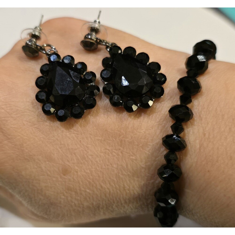 Black Faceted Bead Stretch Bracelet & Dangle Earrings Jewelry Set Gothic #1267